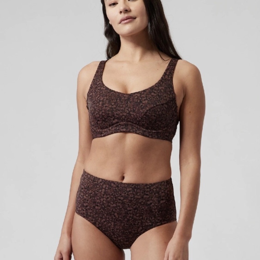 Athleta Camo Flora bondi bikini set Brown 38D DD Underwire LARGE high rise